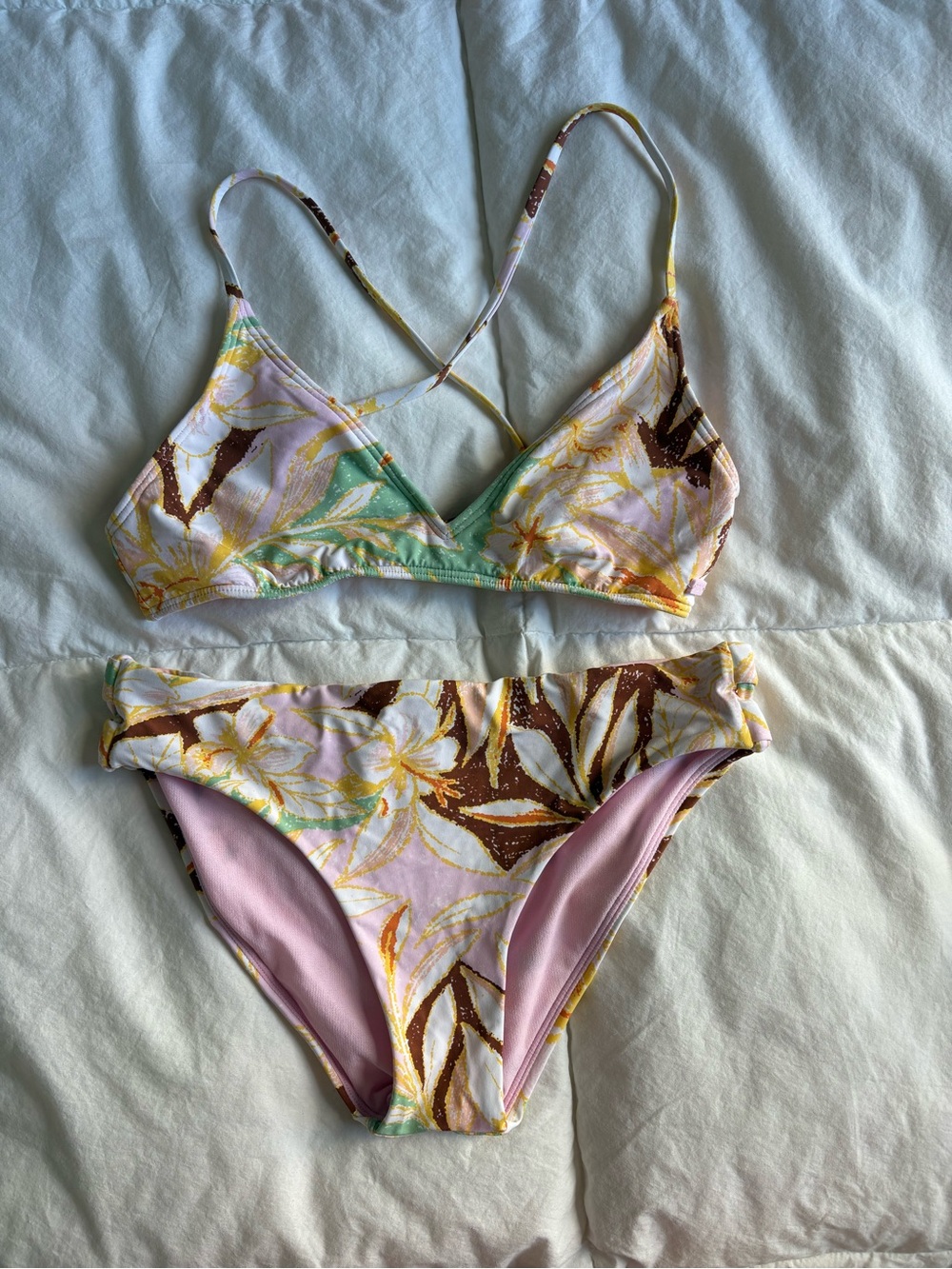 Roxy Floral Triangle Bikini Set - Pink, Brown & Green